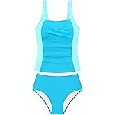 Doumlop Girls Swimsuit 2 Piece Twist Cross Girls Tankini Swimsuit Color Block Ruched Bathing Suit Printed Swimwear for 9-16Y