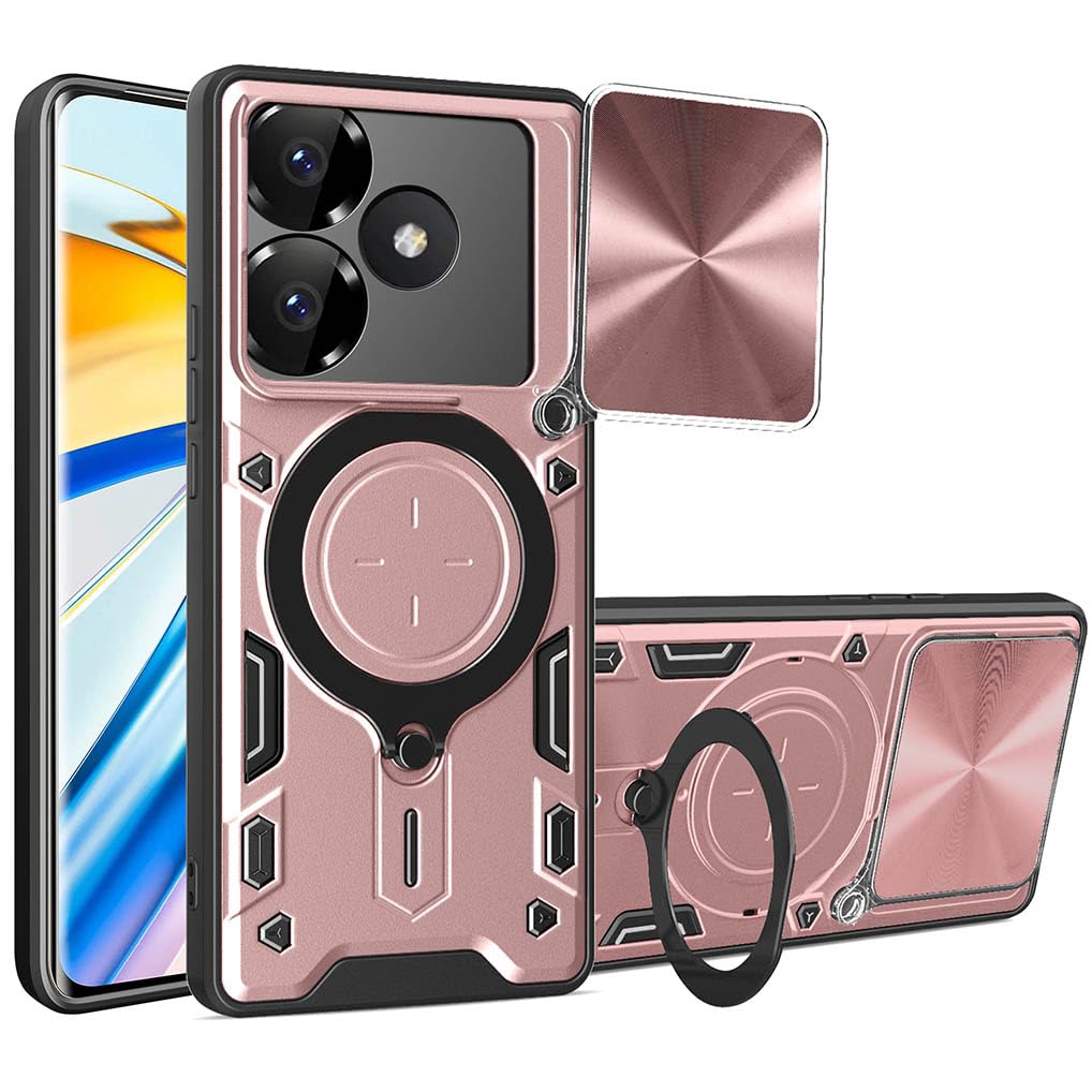 SEAHAI Case for Xiaomi POCO F6 5G, Ultra-thin Silicone TPU Shockproof Hybrid Hard PC Cool Style Cover, with Slide Camera Cover and Metal Ring Magnetic Kickstand - Rose gold