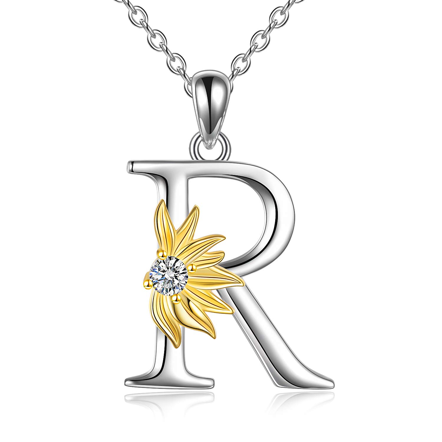 VONALA Sunflower Gifts for Women Sterling Silver Initial Alphabet Letter R Pendant Sunflower Necklace Gifts for Women Girls