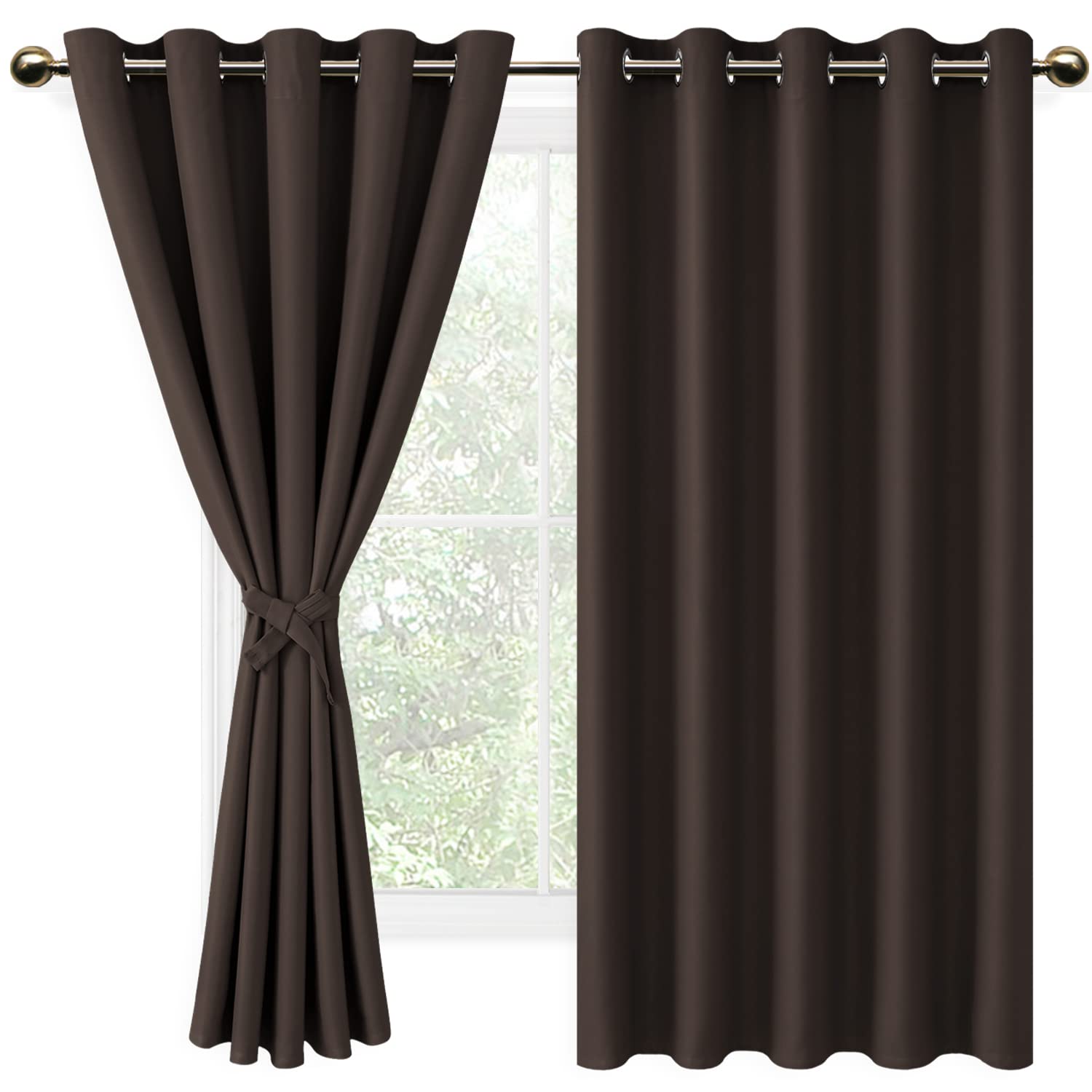 DWCN Brown Blackout Curtains with Tiebacks for Bedroom Thermal Insulated Solid Eyelet Curtains for Living Room,2 Panels,66" Wide x 72" Drop