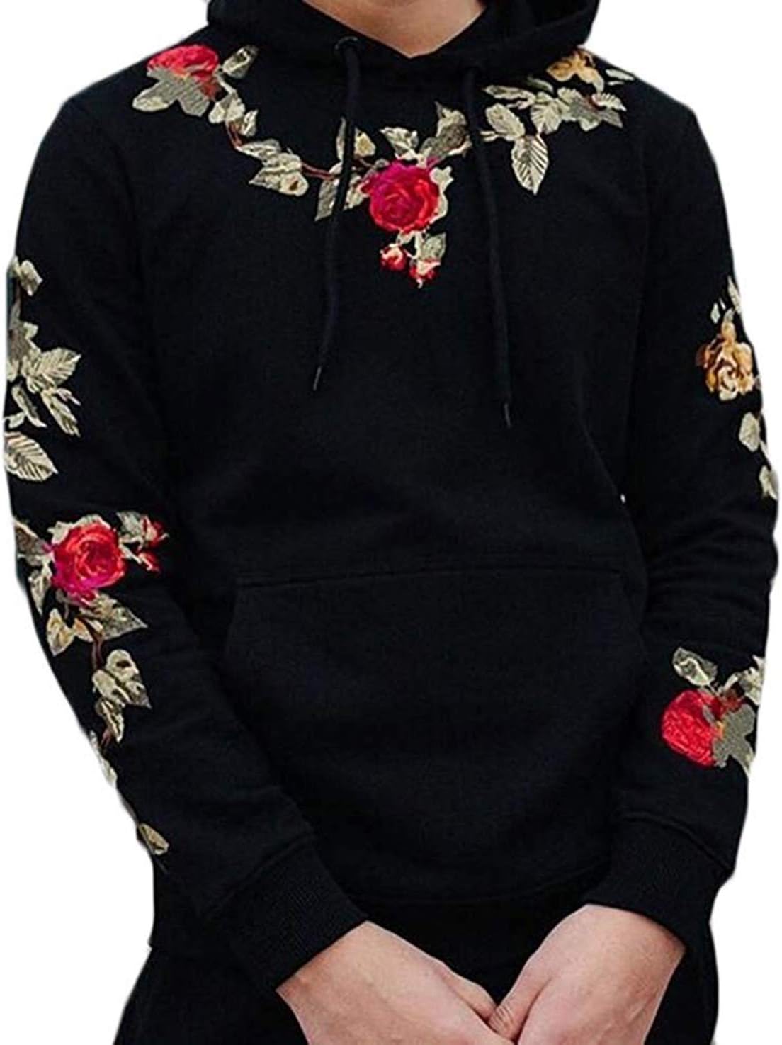 Fashion Hoodies & Sweatshirts Mens Floral Long Sleeve Hoodie Sweatshirt Pullover with Big Kangroo Pocket Front