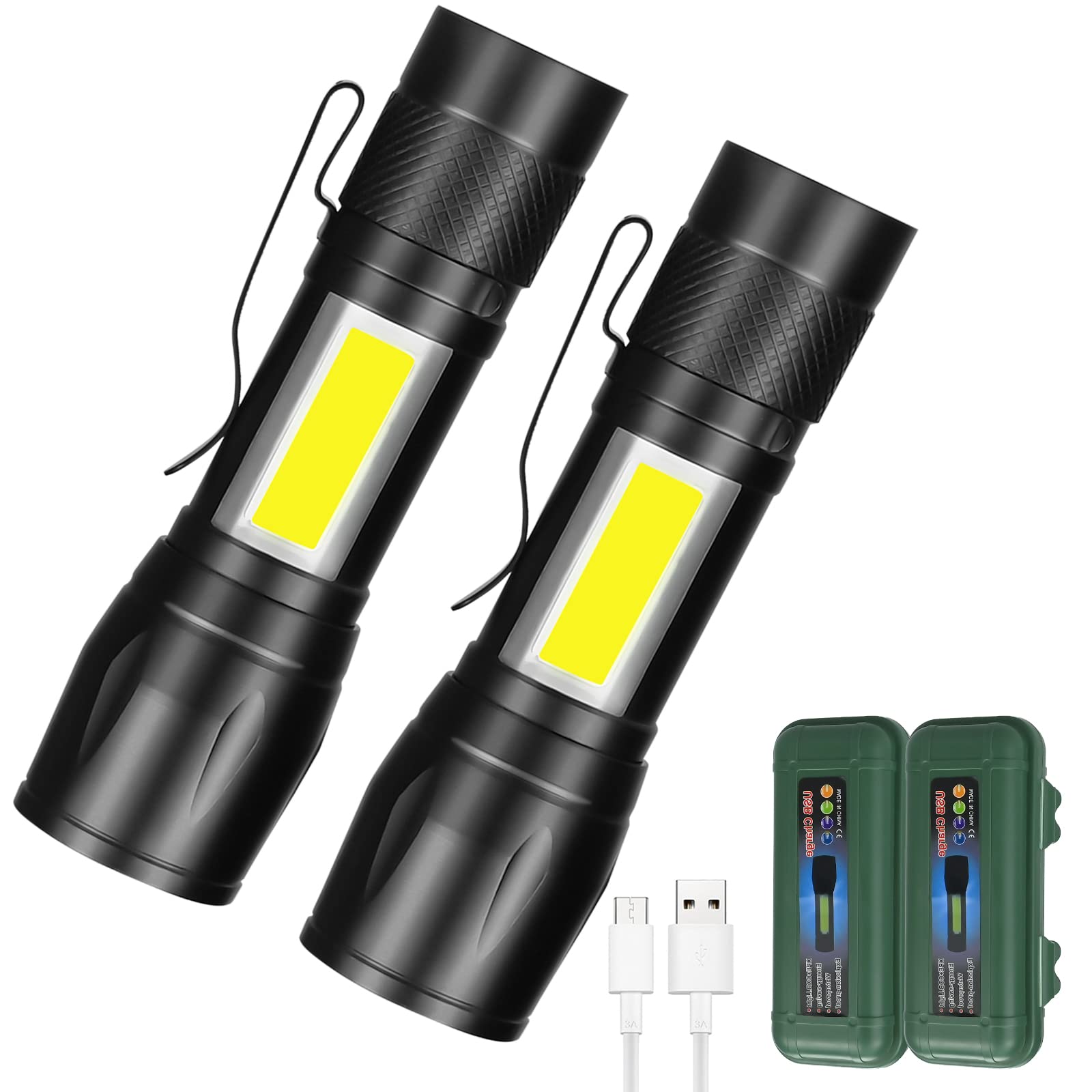 WORLUDE 2Pcs Mini Torch, Rechargeable Small Torch with COB Side Lights(USB Charge), 300 Lumens Strong Flashlight with Adjustable Focus, 3 Modes, for Hiking Camping Walking Dog-Walk (with Pen Clip)