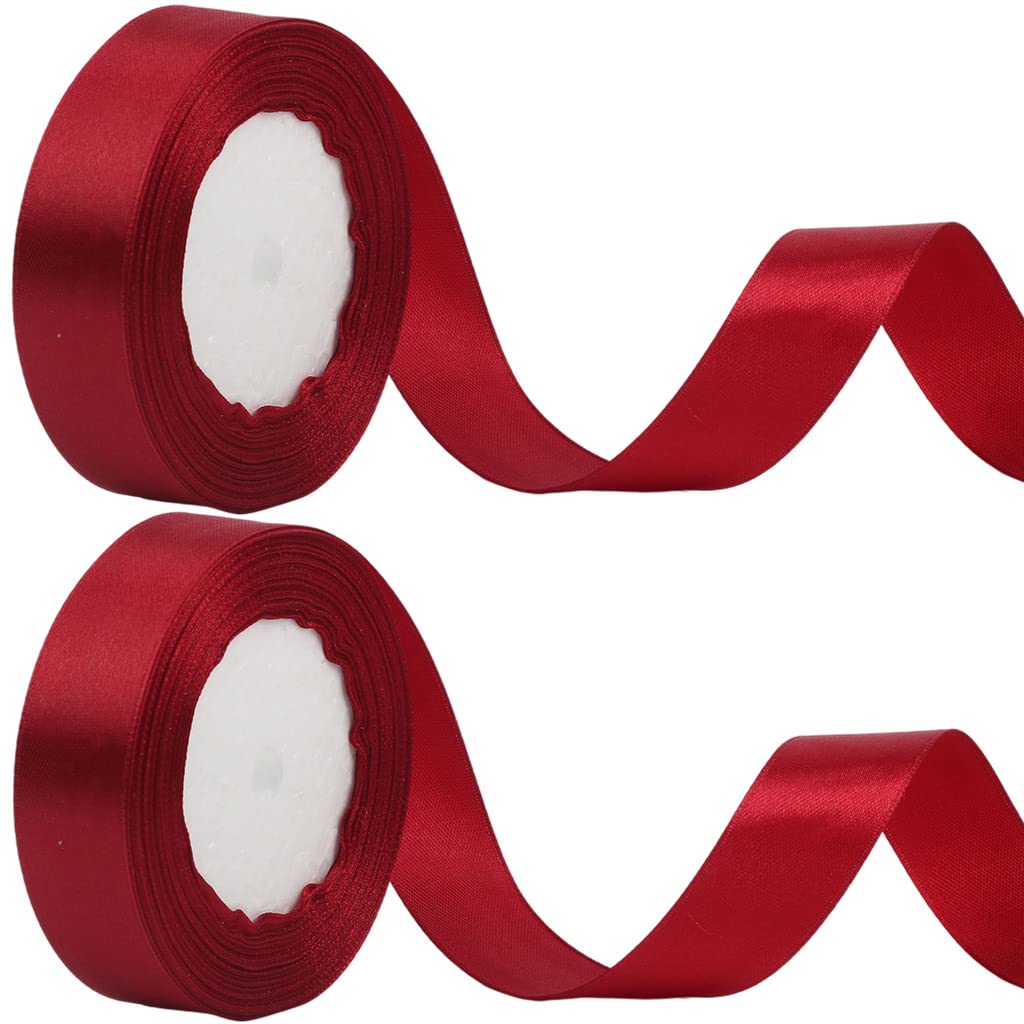 2 x 25mm Wide Dark Red Ribbon Thick Red Christmas Ribbon for Gift Wrapping 22m, 1 inch Thick Burgundy Satin Ribbon for Christmas Cake Xmas Gift Wrapping Bow Bouquet Crafts Decorations