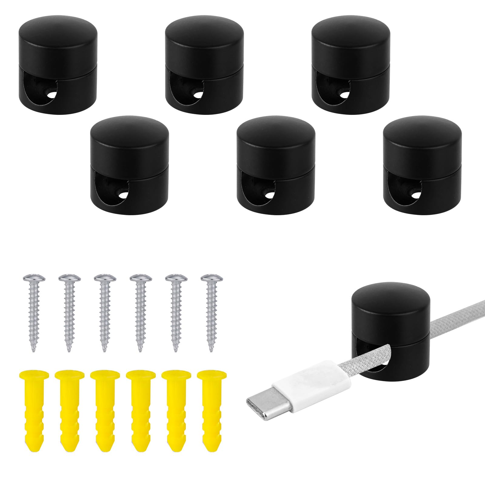 6 Pcs Cable Anchors for Desk Organization, Charger Cable Management Clips Metal Cable Holders Cords Keeper Sturdy Aluminum Wire Organizer for Home Office (Black)