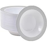 JOLLY CHEF 50 Pack Plastic Bowls with Silver Rim, 12 oz Disposable Soup Bowls, Heavy Duty Plastic Dinner Bowl for Weddings, Party, Dinners, Catering, Christmas and Everyday Use