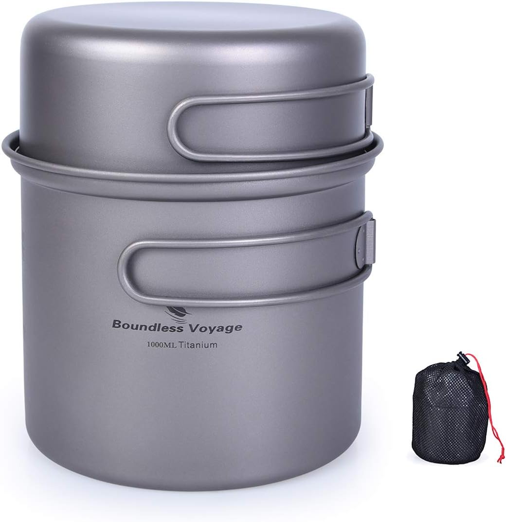 Amazon Boundless Voyage チタンクッカーセット 2点セット ソロキャンプ チタン製ポット超軽量 アウトドアキャンプ用品 食器 調理器具 クッカー セット 一人暮らし コンパクト 折りたたみハンドル 収納袋付き 1000 500ml M Boundless Voyage