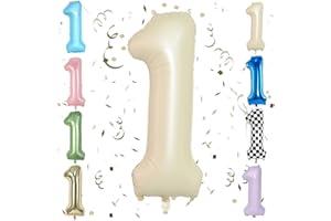SOWIDE Beige 40 Inch Number 1 Balloon,Large Self Inflating Cream Foil Number Balloons 0-9 for Boys Girls,White Sand One Balloons for Birthday Party Decorations Supplies