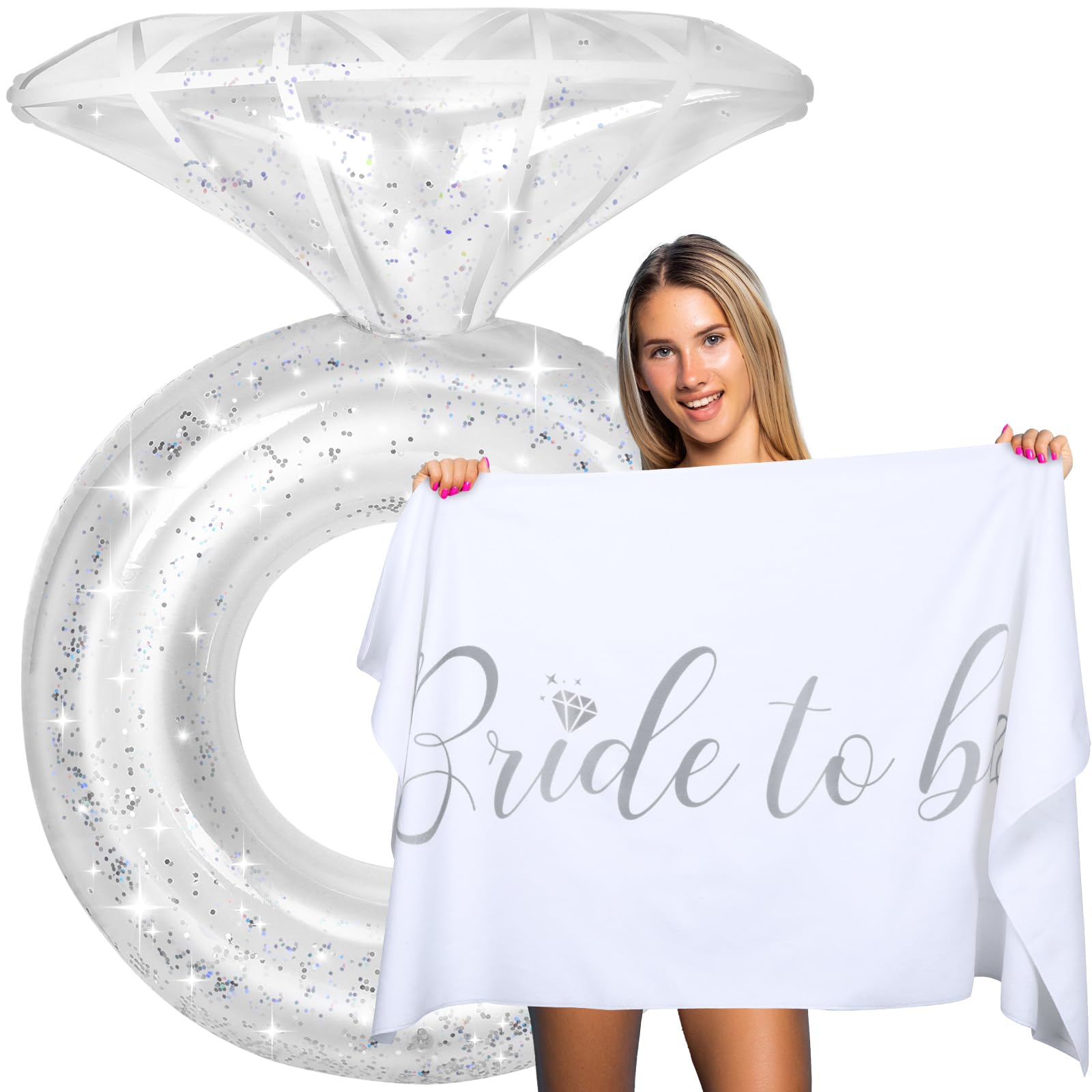 Photo 1 of Bride Diamond Ring Pool Float & Towel Set Bachelorette Party Decorations Inflatable Diamond Bride Pool Float Bridal Shower Gifts Engagement Party Accessories Swimming Tube Wedding Photo Prop(Silver)