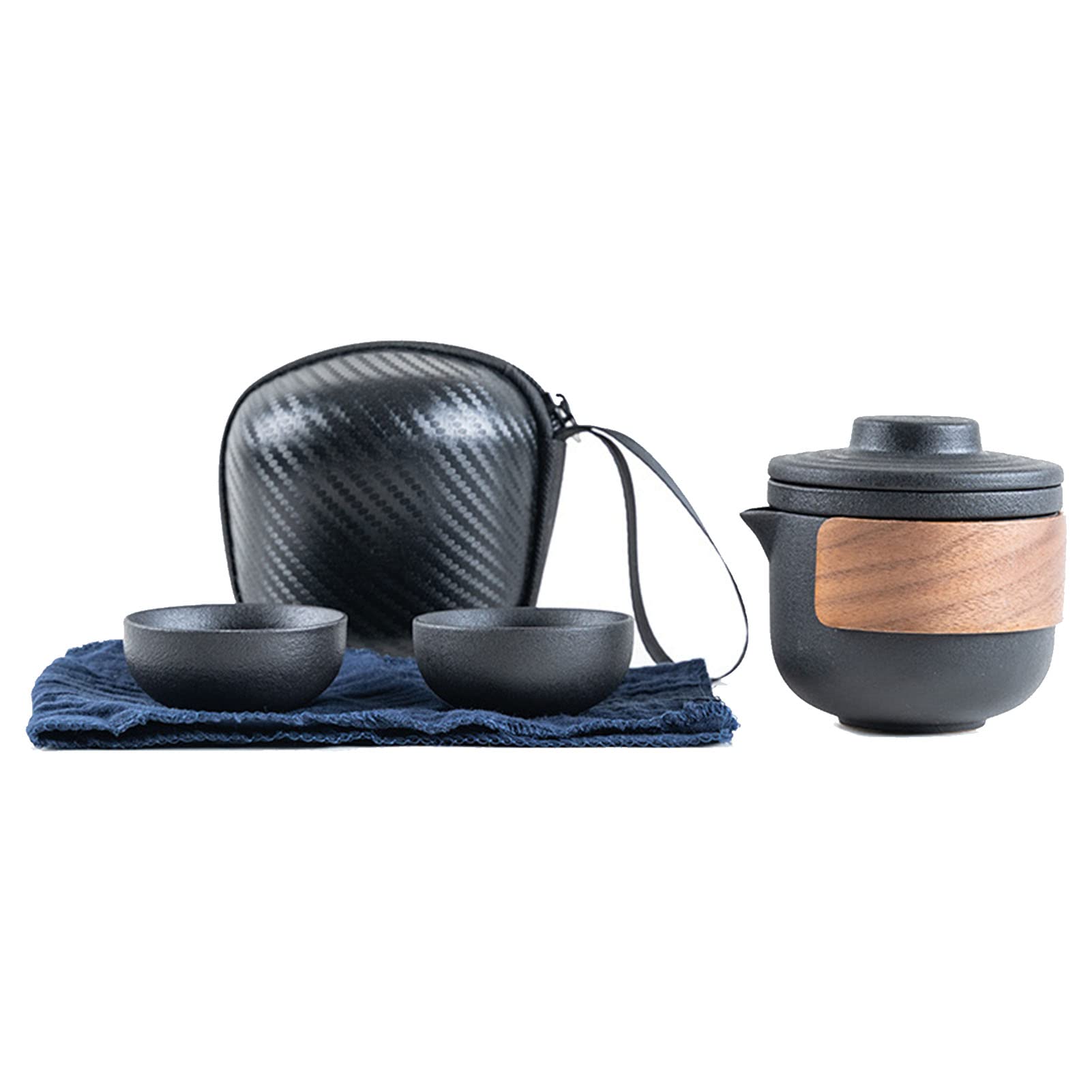 Tnfeeon Travel Tea Set, High Temperature Resistant Eagle Spout Ceramic Portable Small Teapot Cup with Storage Bag for Outdoor (Black Pot with 2 Cups)