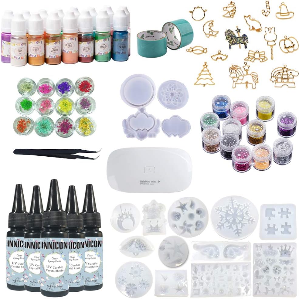 INNICON 5X 30ML UV Curable Transparent Epoxy Resin 15 Pearl Pigment 14 Silicone Molds 12X Glitter Accessories Dried Flower 14 Open Back Bezels Traceless Tape Lamp for DIY Necklaces Crown Gemstone
