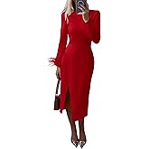 PRETTYGARDEN Women's 2025 Fall Long Sleeve Dress Formal Midi Bodycon Wrap Slit Feather Elegant Wedding Guest Cocktail Dresses