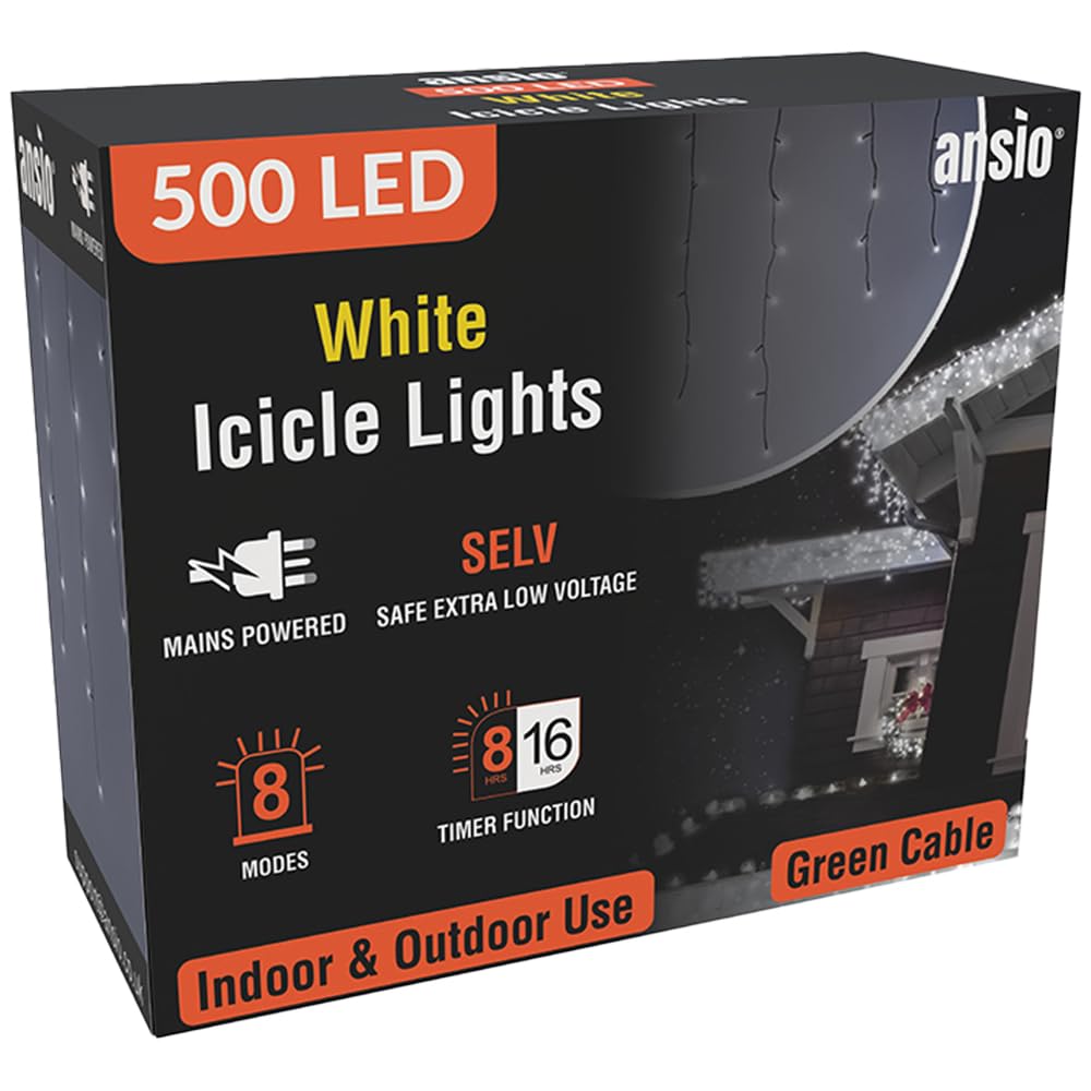 ANSIO® Outdoor Christmas Lights 500 LED 17.4m/56ft Icicle Lights Outdoor & Indoor Cool White Decorations String Fairy Outside Lights with Timer for Xmas Garden Bedroom Party|Mains Powered Green Cable
