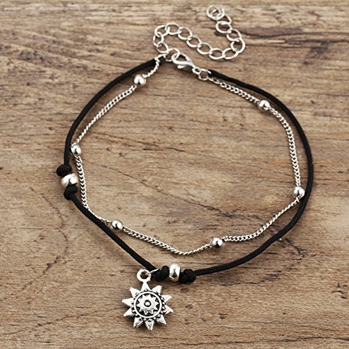Afco Girls Boho Double Layer Anklet Sun Pendent Charm Women Foot Chain Ankle Bracelet Dress Accessory (Silver)