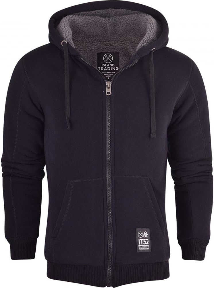 Island Trading Mens Cotton Padded Borg Fleece Sherpa Lined Full Zip Up Hoodie Sweatshirt Jacket