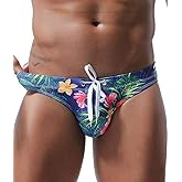MIZOK Men's Sexy Low Rise Flowers Print Quick Dry Swim Briefs Bikini Swimsuit Swimwear