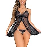 MDSADYOH Lingerie for Women Sexy Lace Babydoll Chemise Bowknot Black