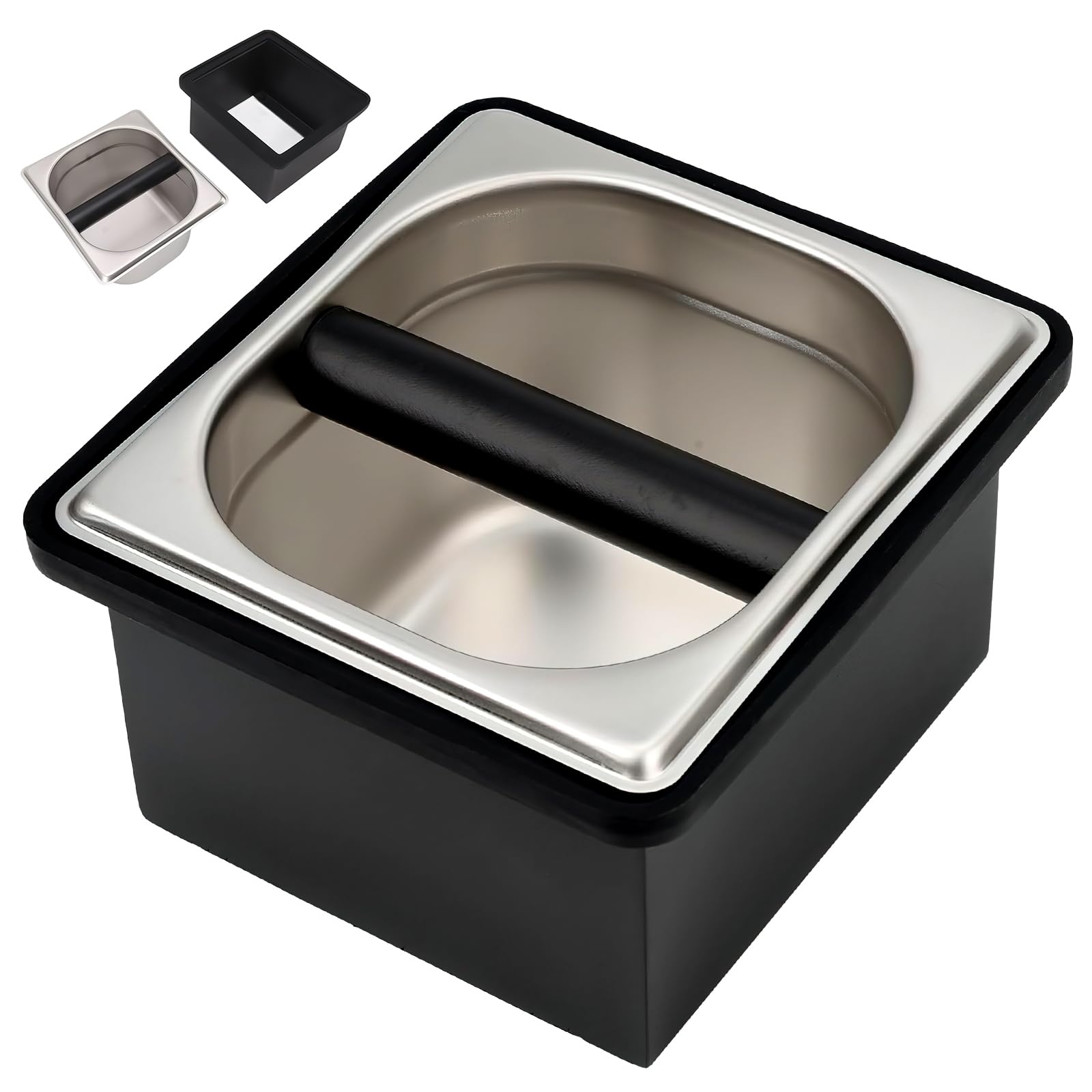 Palmcee Coffee Knock Box, Stainless Steel Removable Coffee Grounds Bin, Coffee Grounds Knock Box with Noise Reduction Rubber Ring and Non-Slip Base for Knocking Filter(19.5 * 17.5 * 12.4cm, Black)