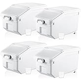 Sunnyray 4 Pcs Rice Storage Containers Bulk Flour Sugar Container Wheels Measuring Cups Set Airtight Pet Dog Cat Birds Food Bin Grain Cereal Organizer Box for Dry Baking(White,22 lb)