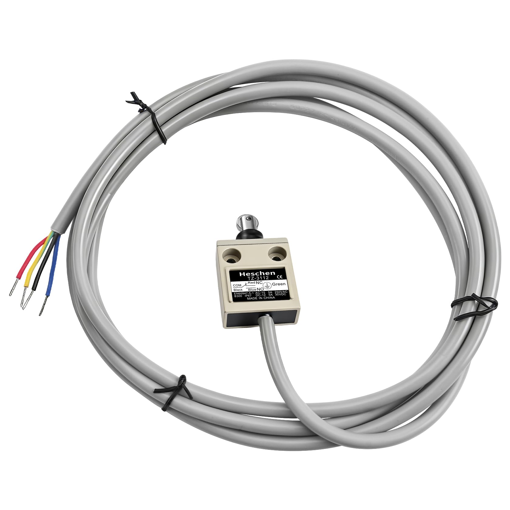 Heschen Compact Prewired Limit Switch TZ-31 Series, IP67 Waterproof, SPDT, 1NO 1NC Momentary, AC-15 5A/250VAC (TZ-3112, Roller Plunger Type)