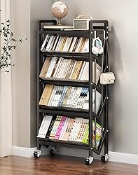 5-Tier Rolling Book Cart, Mobile Bookshelf with 2