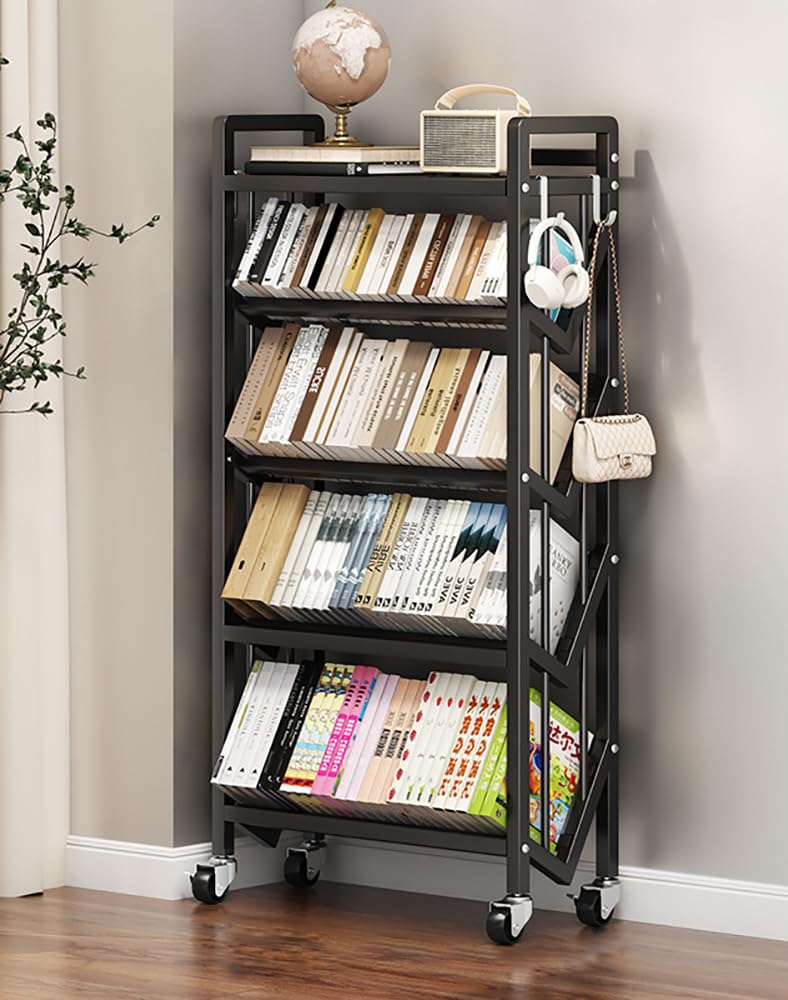 5-Tier Rolling Book Cart, Mobile Bookshelf with 2