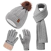 Winter Hat Scarf Gloves Set for Women, Classic Cable Beanie with Removable Pom Pom Long Scarf Touchscreen Gloves 3 in 1 Set