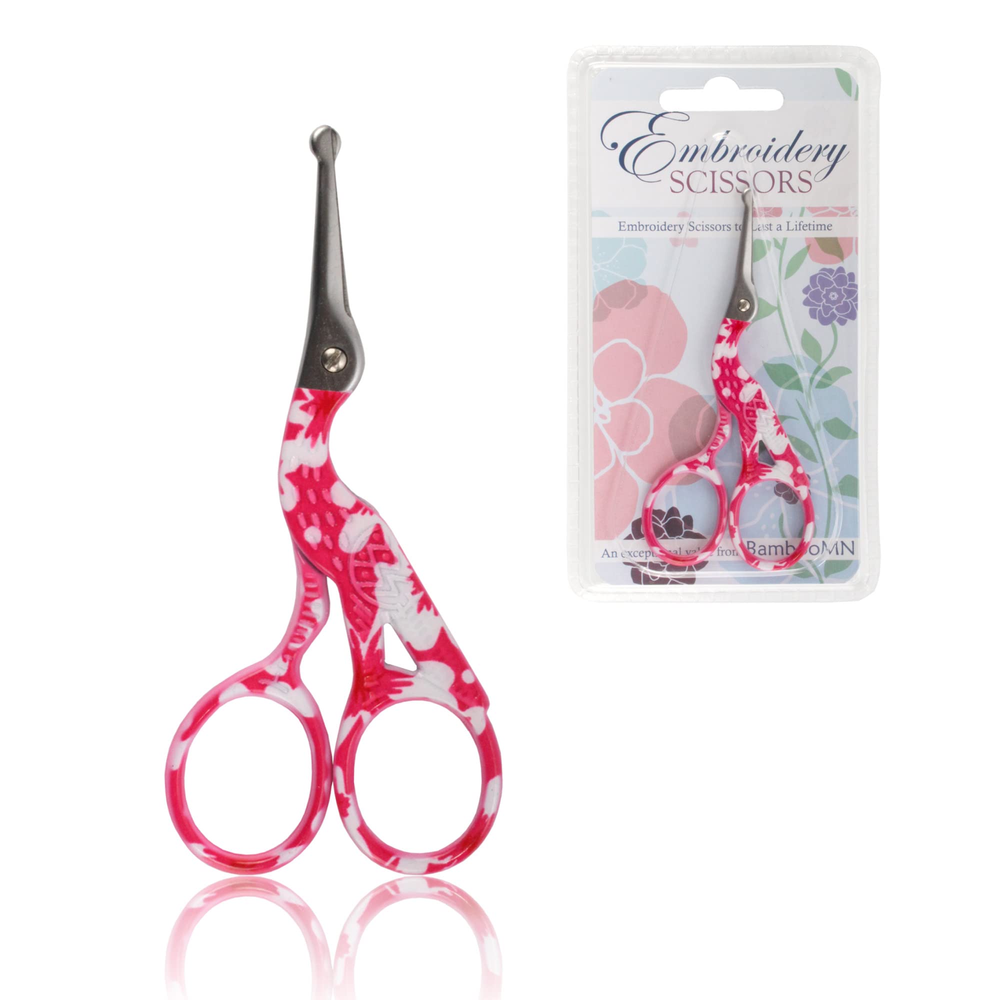 Stork Bird Rounded Safety Tip Embroidery Craft Stainless Steel Crane Scissors - Small Red - 1 Pair