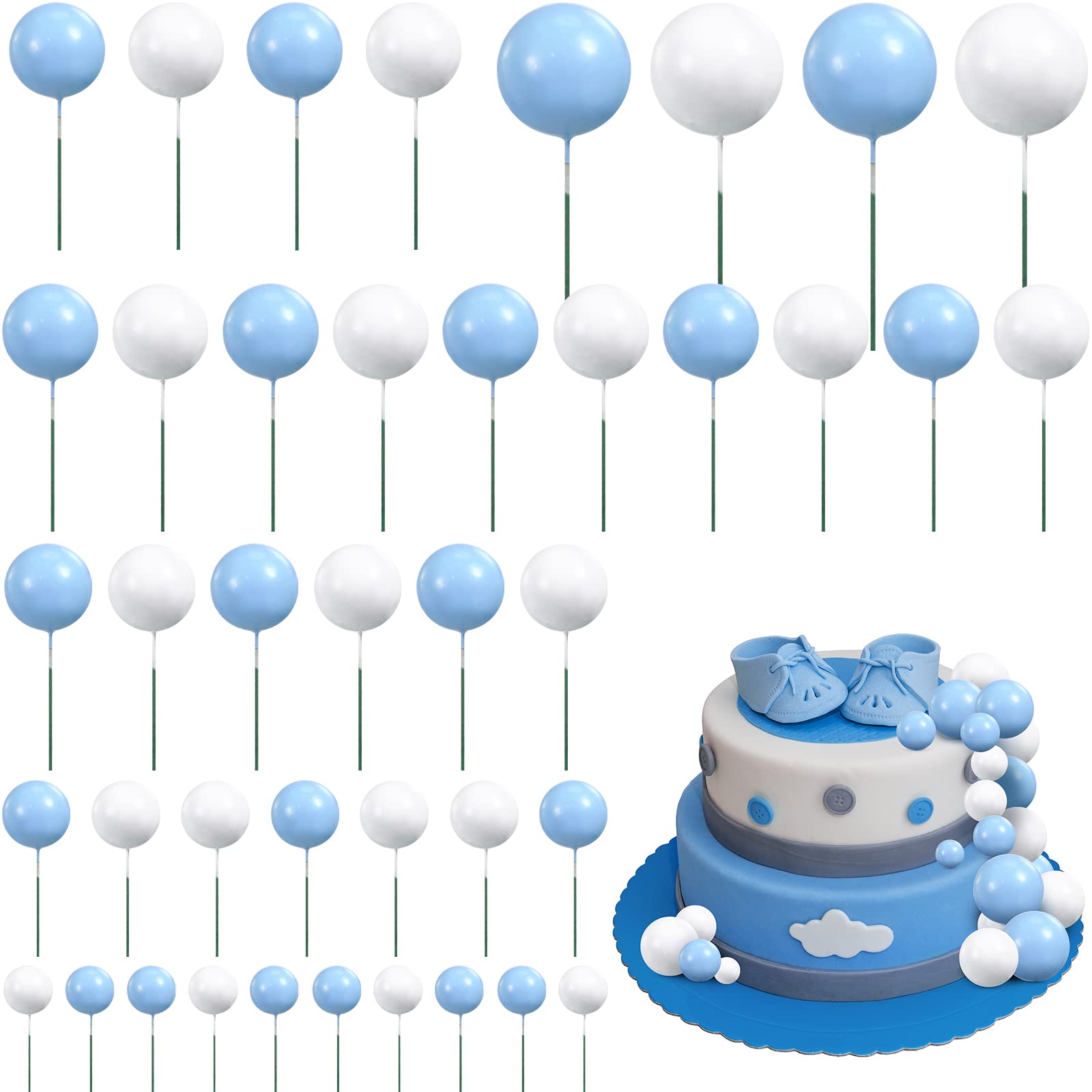 Photo 1 of 66 Pcs Ball Cake Topper Decorations Mini Balloon Sticks DIY Cake Picks Insert Foam Balls for Graduation Wedding Party Birthday Decorating Supplies(Blue, White)