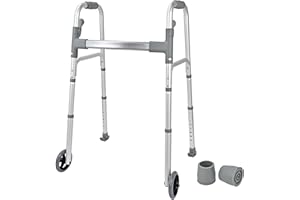LIVINGbasics Folding Walker with 5" Wheels - 8-Level Height Setting, 2 Button Foldable Design, 300lbs Load