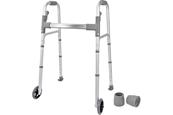 LIVINGbasics Folding Walker with 5" Wheels | 8-Level Height Setting, 2 Button Foldable Design, 300lbs Load