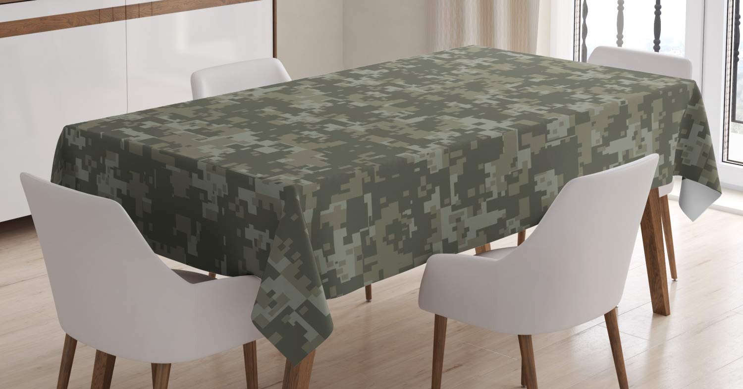 ABAKUHAUS Camouflage Tablecloth, Dark Forest Conceal, Dining Room Kitchen Rectangular Table Cover, 54 W X 78 L, Army Green Sage Green