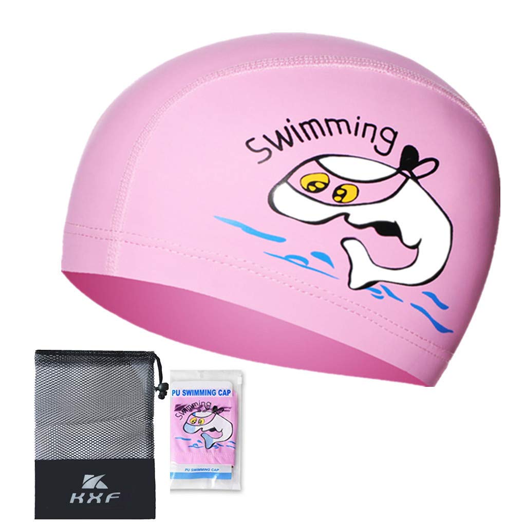 Kids Swimming Cap, KXF Swimming Hats Waterproof PU Bathing Cap Care Ear Protection Elastic Swim hat with Coating Cartoon Pattern for Children Kids Boys Girls Age 6-10