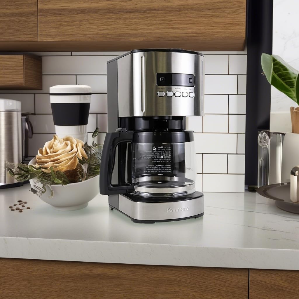 Kenmore Cafetera de goteo: máquina de café programable con olla de vidrio, preparación regular y audaz, depósito de agua grande con apagado automático, filtro reutilizable, electrodomésticos de cocina para cafetería barista, 12 tazas, color negro