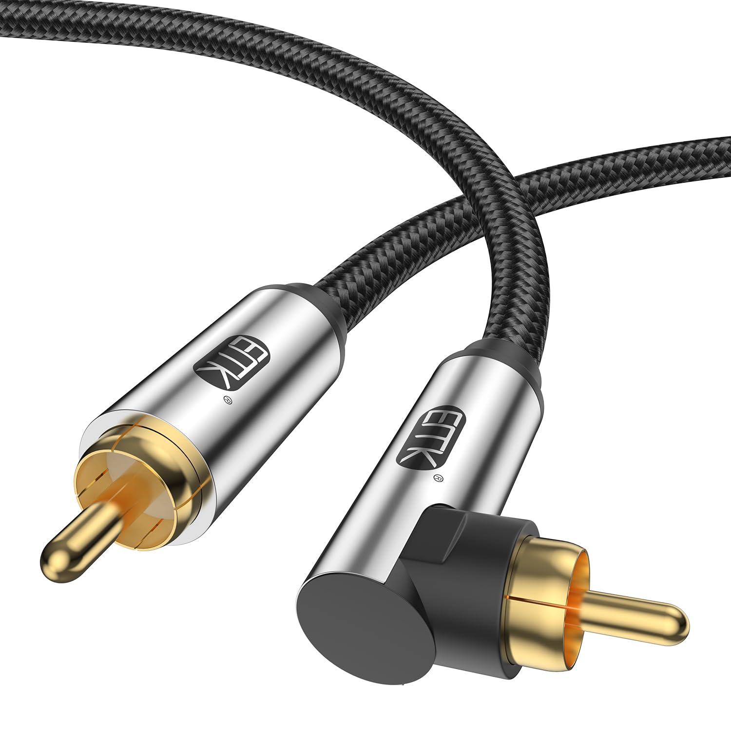Photo 1 of EMK 90 Degree Subwoofer Cable,RCA Male to Male Digital Coaxial Audio Cable for Television, DVD Player, Gaming Console, Projector, Speaker (90 Degree to Straight, 49FT/15M)