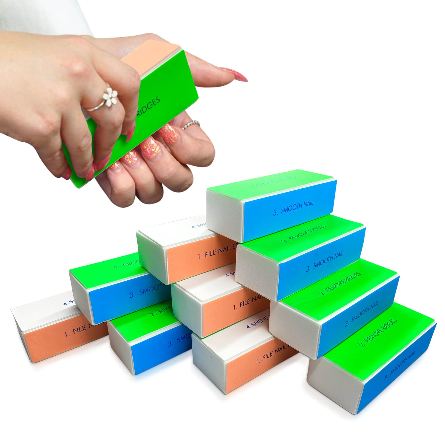 Tulula Professional Nail File Buffer Blocks 10 Pack - 4 Way Nail Buffer - White - Artificial Velvet Abrasive - Coarse, Fine Grit - 9cm x 2.5cm - Nail Care Tool