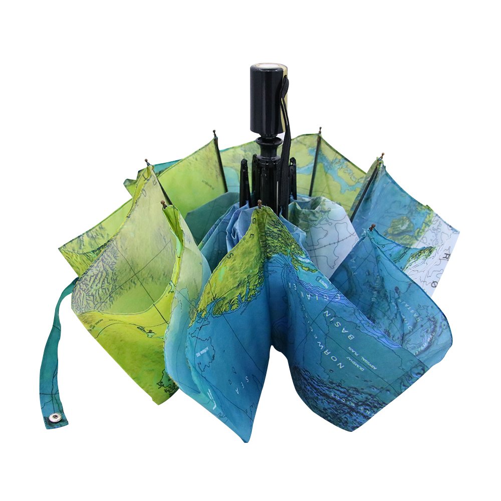 Elehere World Map Umbrella Automatic Folding Reinforced Windproof UV-coating 3 Fold with Bag Travel Umbrella Fordable & Portable Parasol with Ultra Comfort Handle