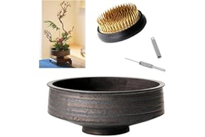 EGGONE Japanese Ikebana Vase Kit, Flower Shallow Container 7.5inch Ceramics Flower Bowl Ikebana Vase with 2.4inch Floral Frog and 2-in-1 Kenzan Corrector (Retro Style)