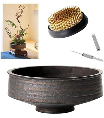 Amazon.com: 日本古典插花花瓶組,極簡陶瓷花盆淺容器,附2.4 英吋