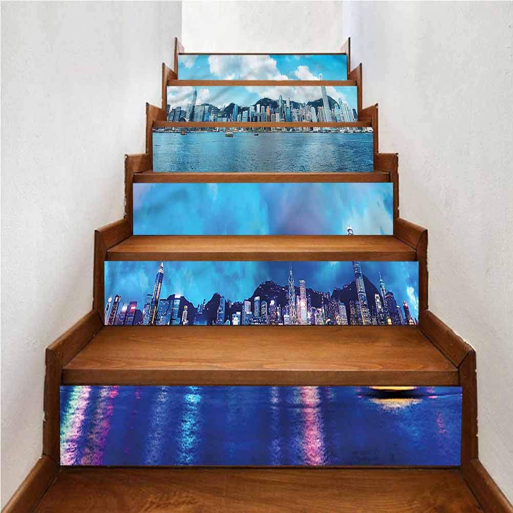 3D Stair Sticker DIY Removable Self Adhesive Stickers, Urban Hong Kong, for Walls Kitchen Stair Decals Home Decorations, W43.3 x H7.08 Inch x6PCS