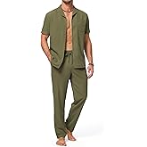 JMIERR Men 2 Piece Outfit Short Sleeve Lightweight Beach Button Down Shirt Casual Pant Sets with Pocket
