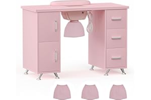 ABTSalon Nail Tech Table Pink Nail Desk with Fan Acetone Resistant Manicure Table Desk Electric Downdraft Vent, Pink