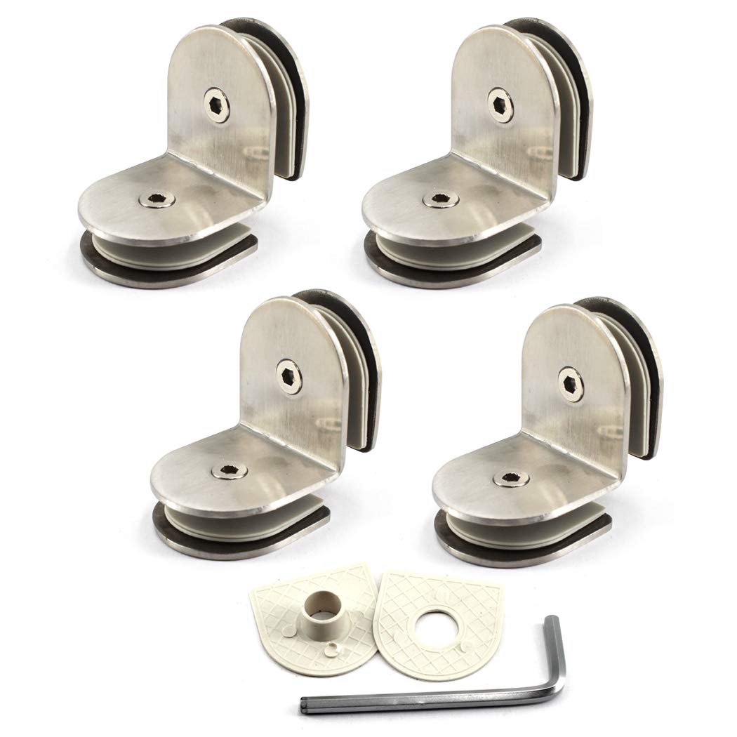 90 Degree Glass Clamp Bracket 8-12mm Double Side Stainless Steel Glass Shelf Clips Wall Mounted Glass Shelf Support Shelf Bracket (Pakc of 4)