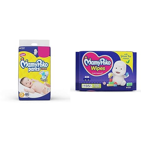 MamyPoko Pants Standard Diapers, Small (Pack of 46) & MamyPoko Wipes with Green Tea Essence - Pack of 100 * 2 Wipes with Fragrance (100 * 2 = 200 Wipes)