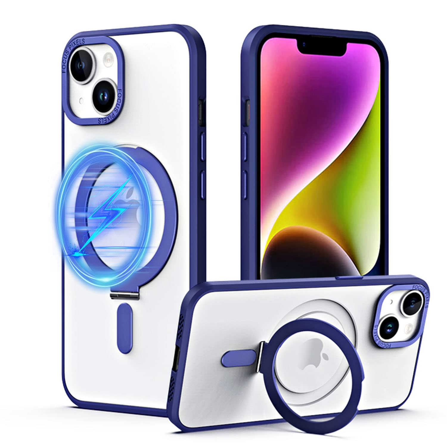 QLTYPRI Magnetic Case for iPhone 13 Case/iPhone 14 Case Compatible with MagSafe with Invisible Kickstand, Slim Translucent Matte Shockproof Protective Phone Case Cover for iPhone 13/14 – Blue