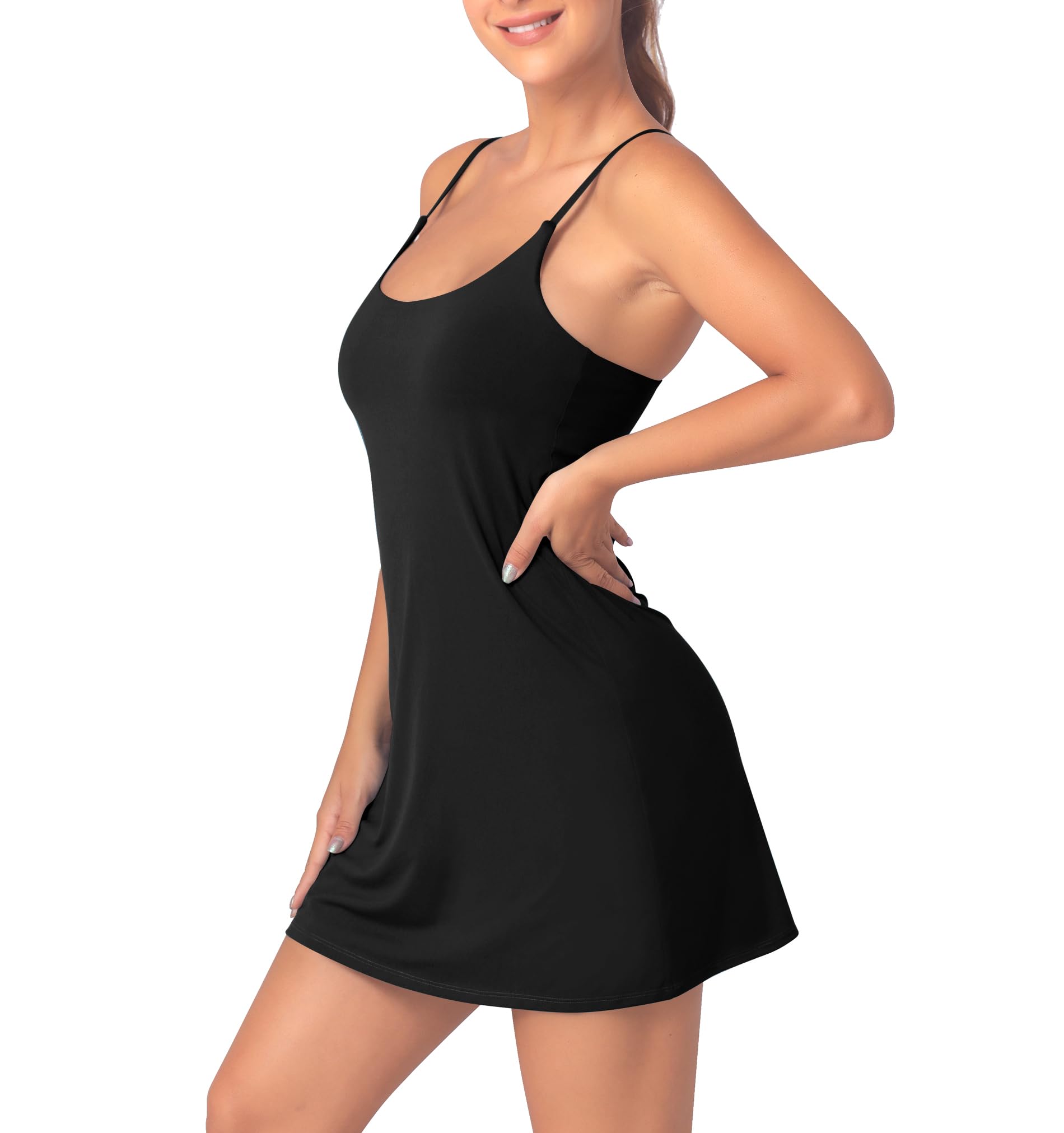 Photo 1 of Leovqn Women's Tennis Dress With Built-in Bra & Shorts, Athletic Workout Dress With Adjustable Straps, Pockets for Exercise, Golf - Black (SIZE UNKNOWN)
