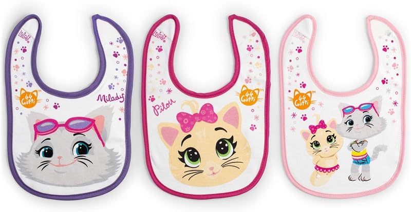 44 GATTI GIRL - 3er-Set aus Babylätzchen, 100% aus weicher Baumwolle mit "44 Katzen" Aufdruck, Lätzchenpackung, Klettverschluss, hypoallergen, wiederverwendbar, unisex, 19 x 17 cm - Bunt
