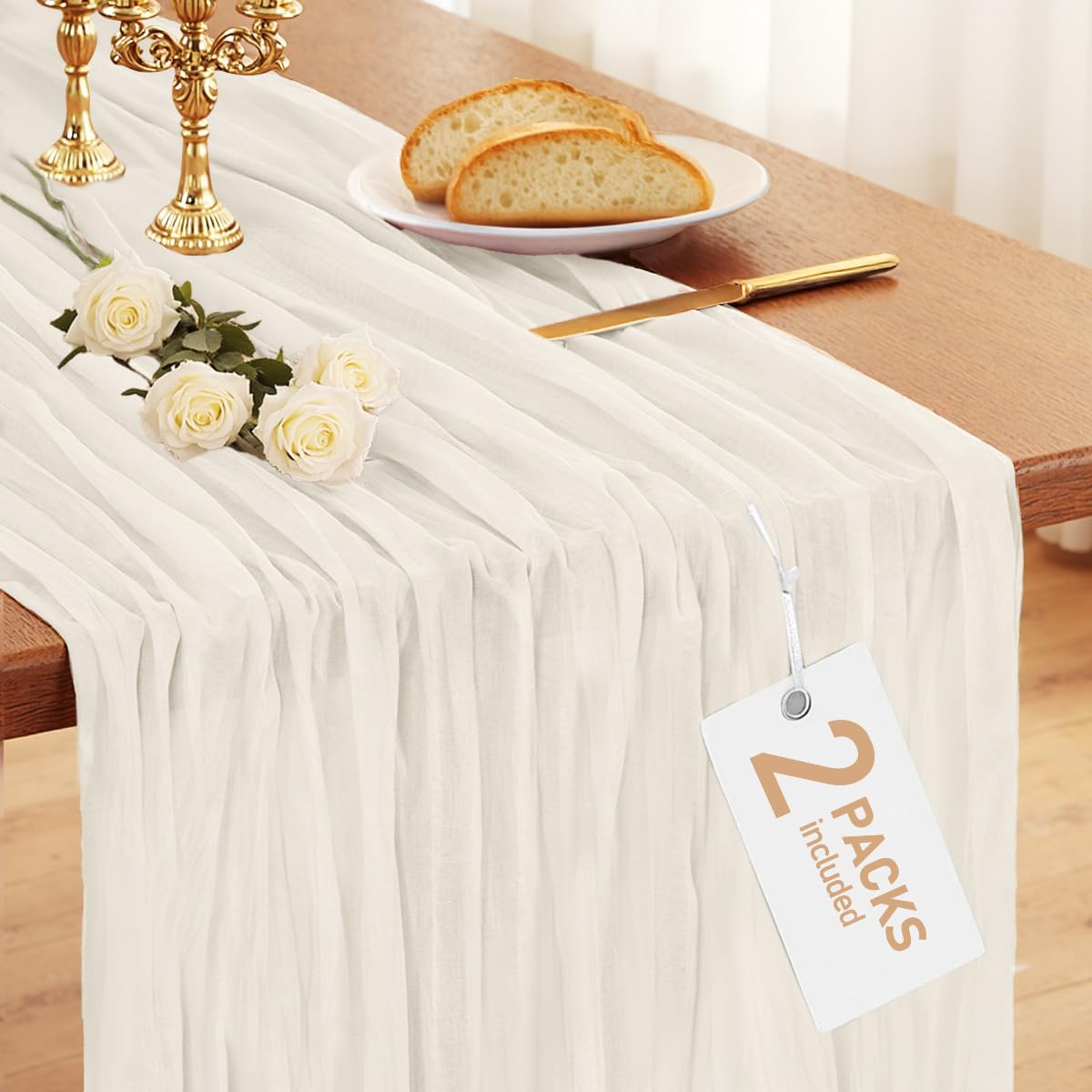 Photo 1 of (BAGGED) (USED/FAIR) Pureegg 2-Pack Cheese Cloths Table Runner, 120'' Boho Table Cloth Decorations for Party, Baby Shower, Wedding and Farmhouse, Fabric Room Decor, Ivory