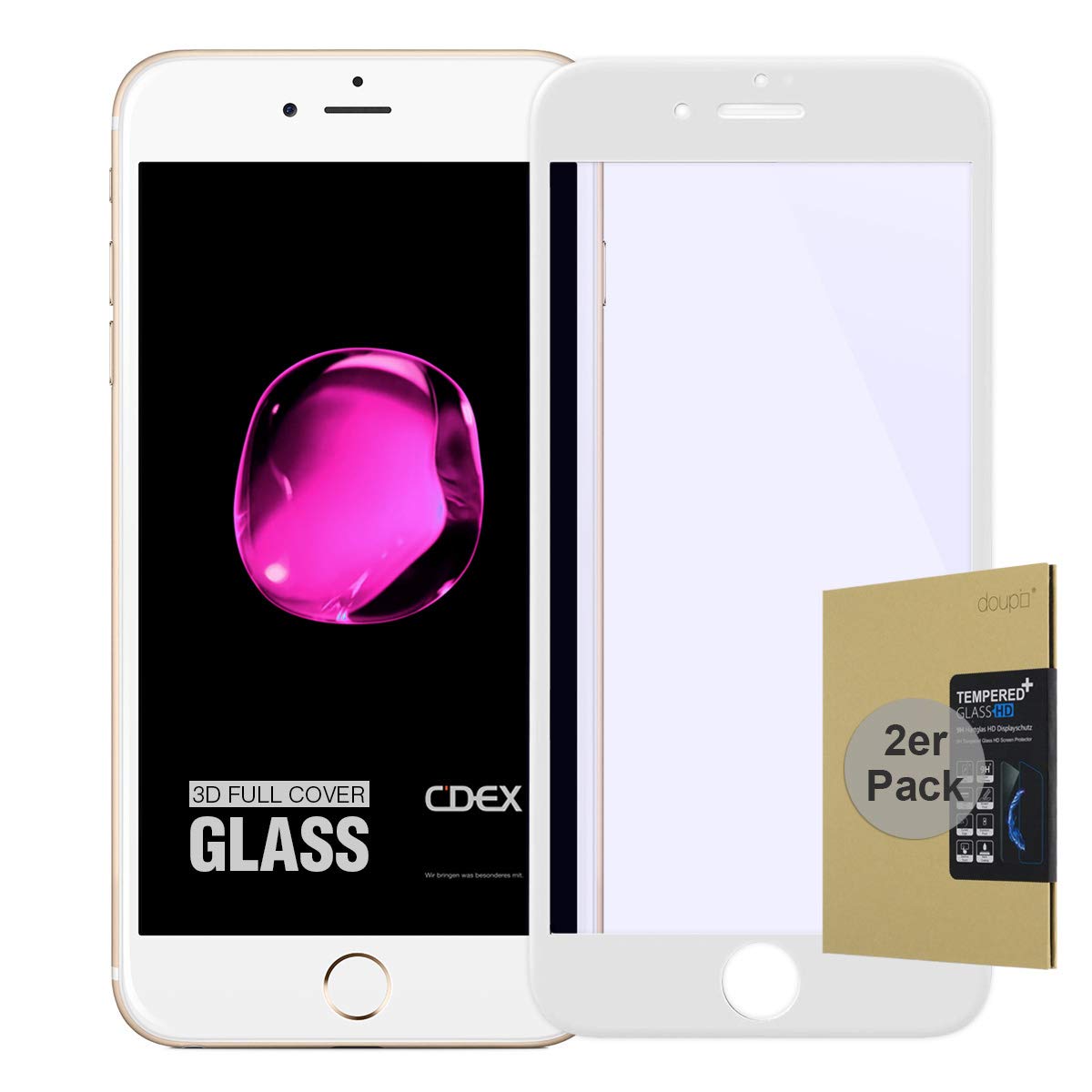 doupi 2X FullCover Screen Protector for iPhone SE (2022) / iPhone 8/7 (4.7 inch), Premium 9H HD Anti Scratch [3D Touch Supported] Tempered Glass Film, 2-Pack, white
