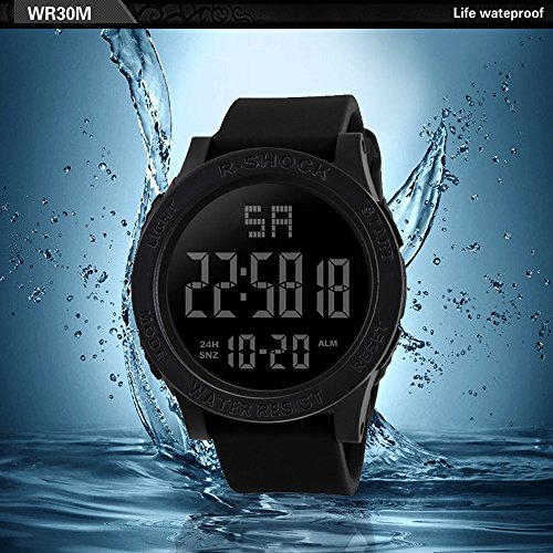 Quartz Wristwatches,Fashion Waterproof Men's Boy LCD Digital Stopwatch Date Rubber Sport Wrist Watch,Black