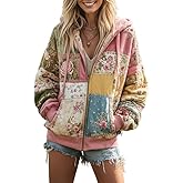 Epanus Women's Boho Patchwork Floral Hoodie Long Sleeve Fleece-Lined Zip Up Sweatshirt, Cozy Vintage Casual Fall Winter Wear